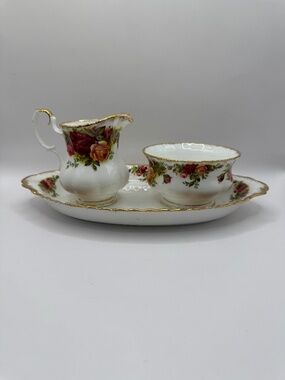 Royal Albert Old Country Roses Creamer and Open Sugar Bowl on Regal Tray